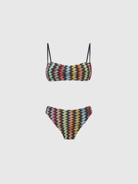 Bikini in lamé viscose with micro zigzag pattern and high-waisted bottoms