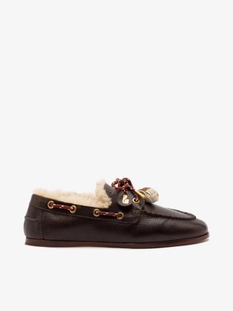 Cyprus Boat Shoe In Brown Leather And Ivory Shearling