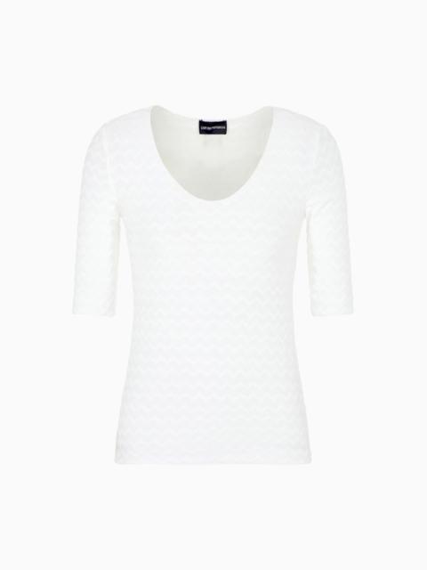 TWO-WAY STRETCH JACQUARD MOTIF NYLON-JERSEY V-NECK JUMPER