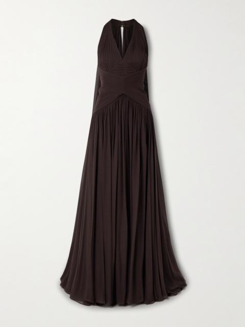 Cape-effect Gathered Silk-georgette Gown