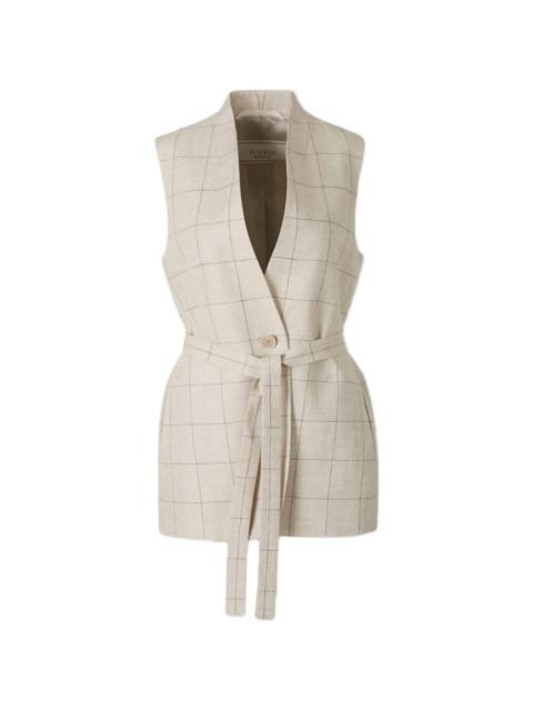 checked-pattern belted V-neck jacket