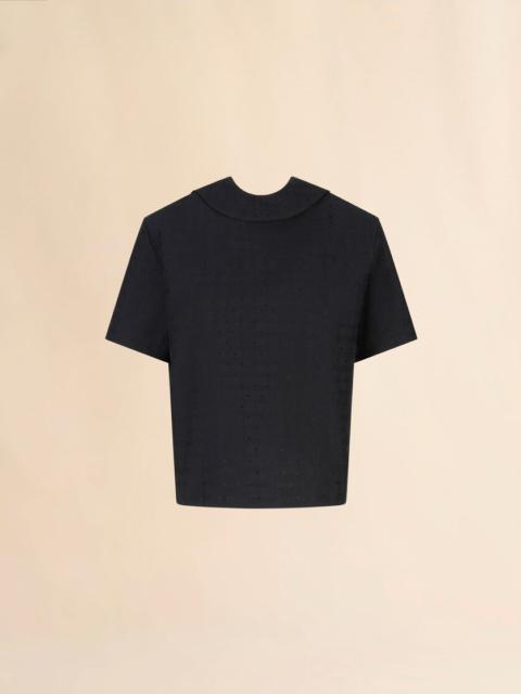 BLACK COTTON-VISCOSE BACK-TO-FRONT SHIRT TOP WITH CHECK AND DOTS JACQUARD MOTIF