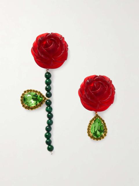 Gold-tone, silver, resin and crystal earrings Red