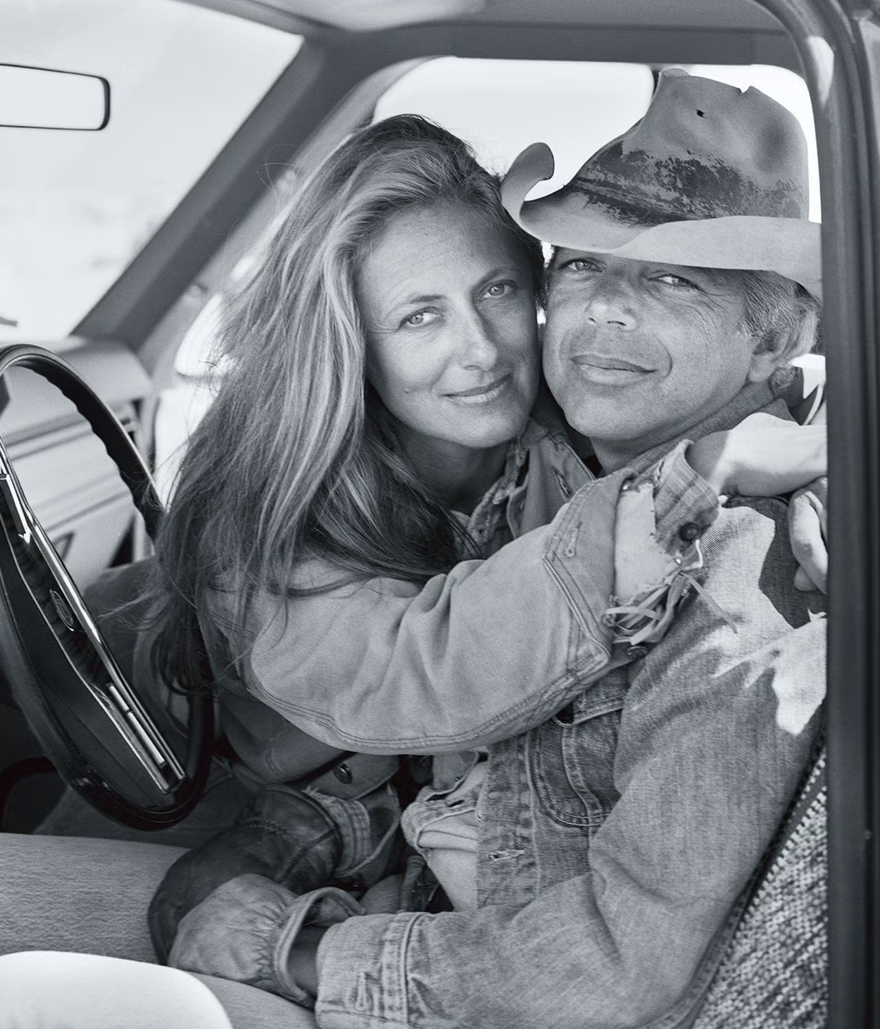 Ricky and Ralph Lauren posed for this portrait from inside a pickup truck on the Double RL Ranch