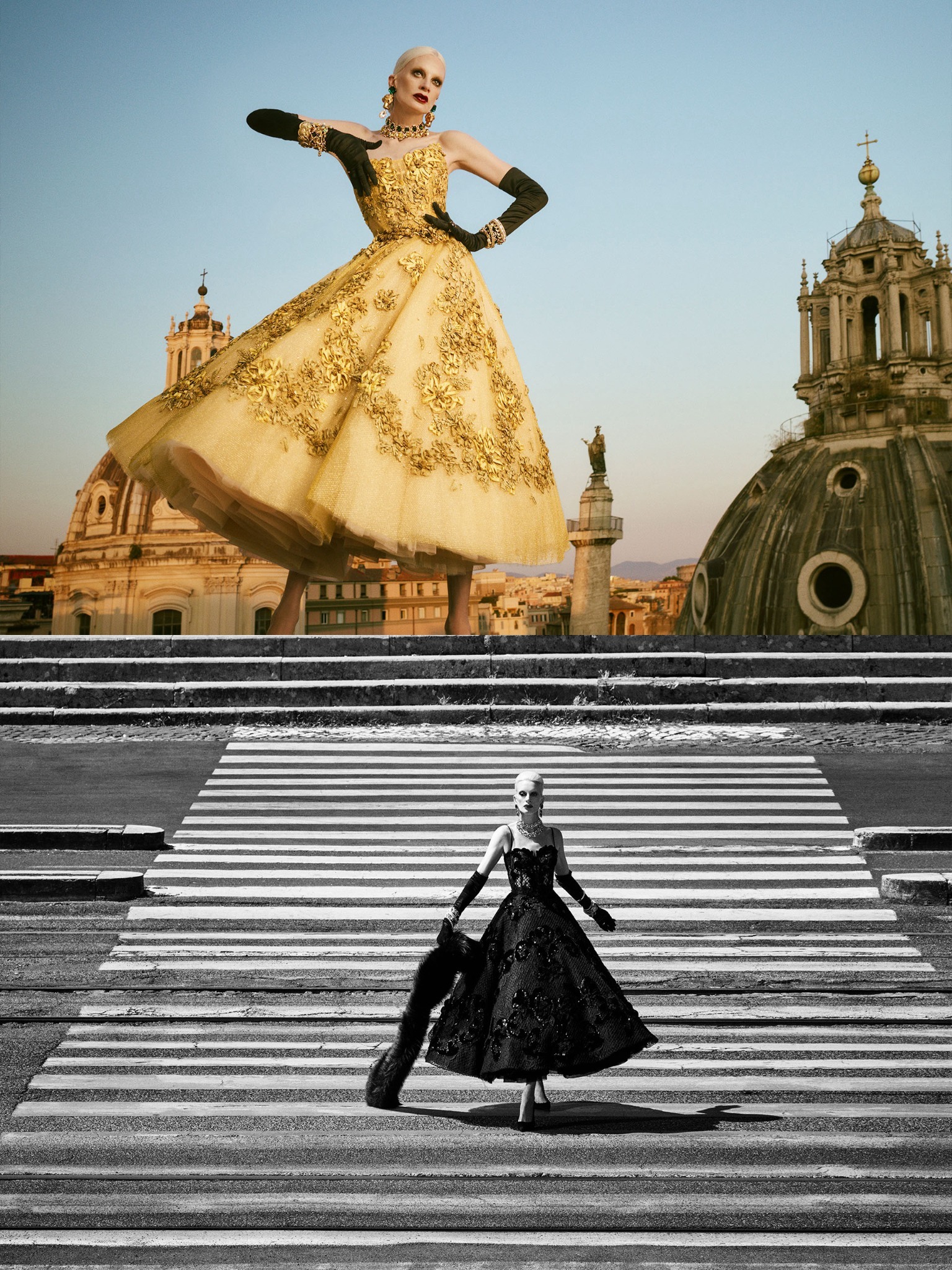 A dramatic, embellished floor-length gown from the Dolce & Gabbana Alta Moda Roma high-end collection.