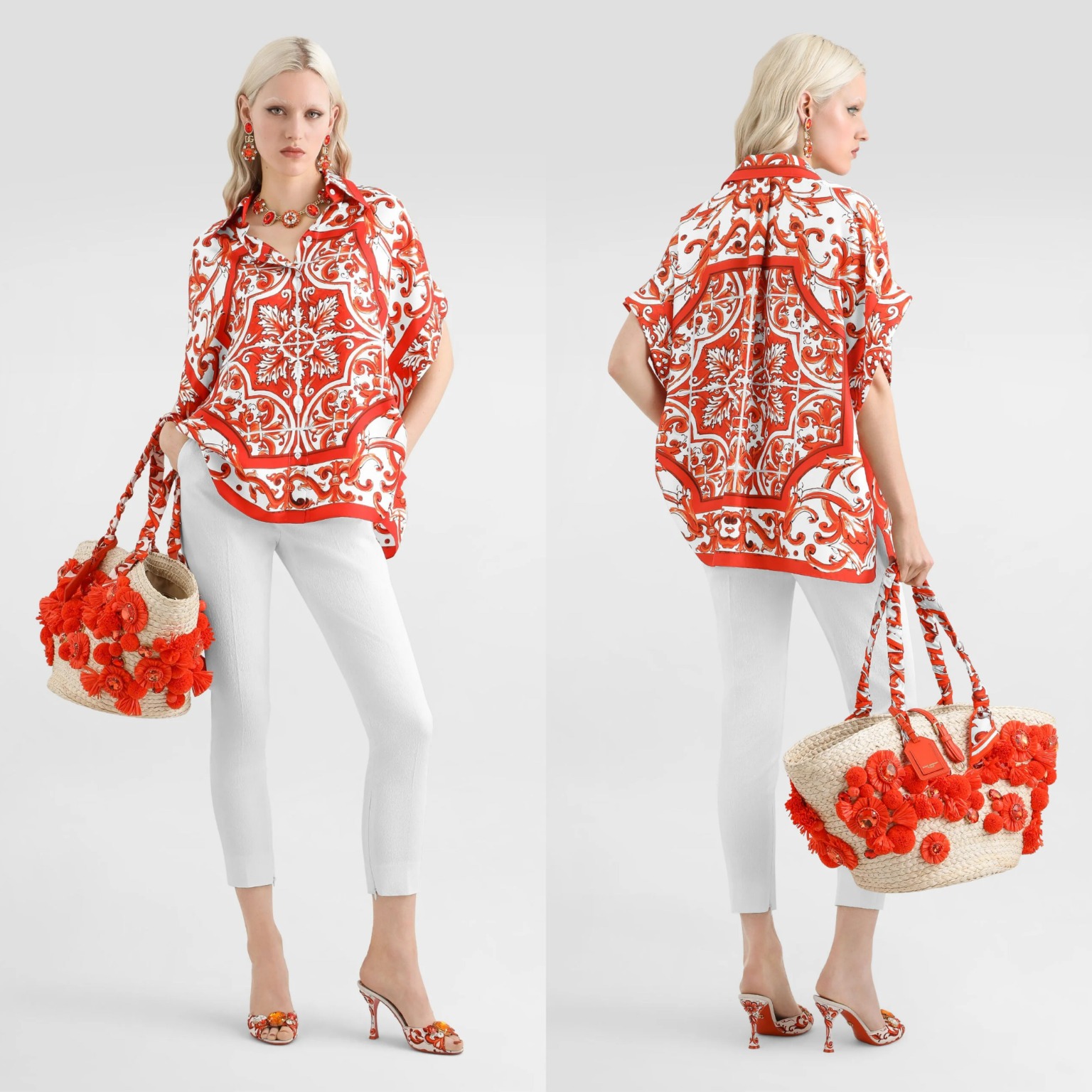A lightweight silk Majolica print button-down shirt styled for warm-weather luxury.