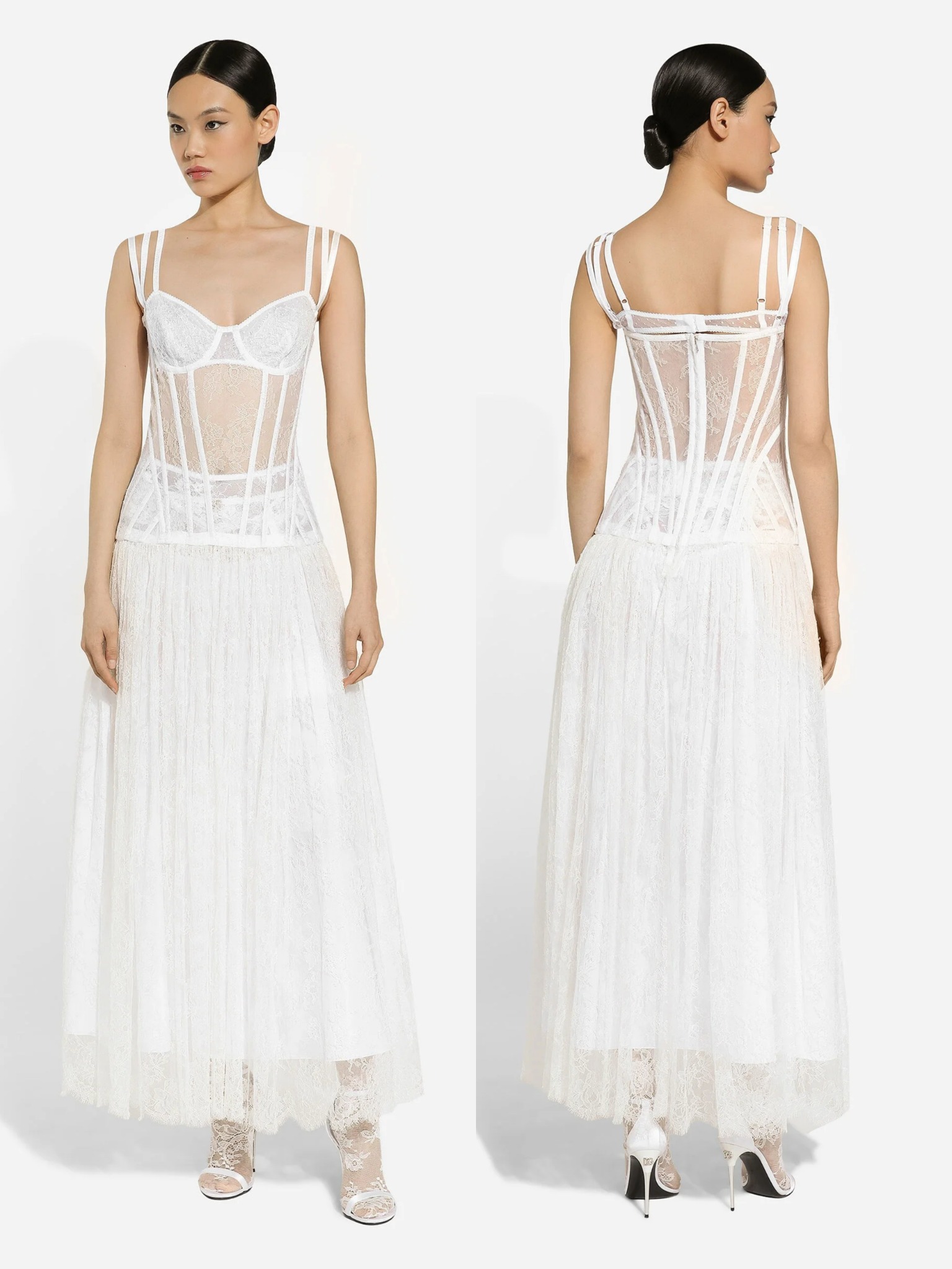 The Dolce & Gabbana Long Lace Corset Dress in sheer white lace with structured internal boning.