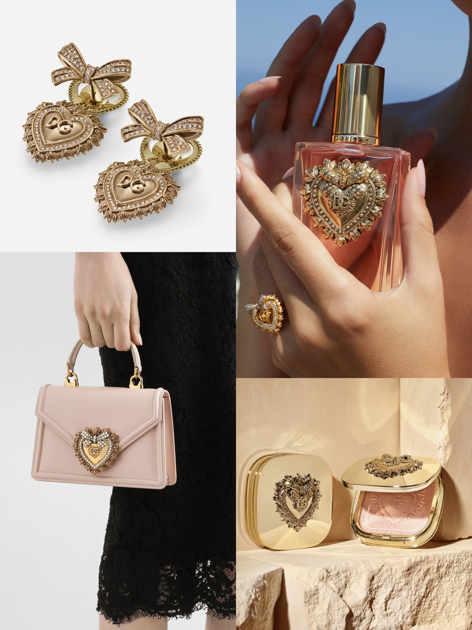 Close-up of the metal Sacred Heart clasp adorned with pearls on a Dolce & Gabbana Devotion bag.