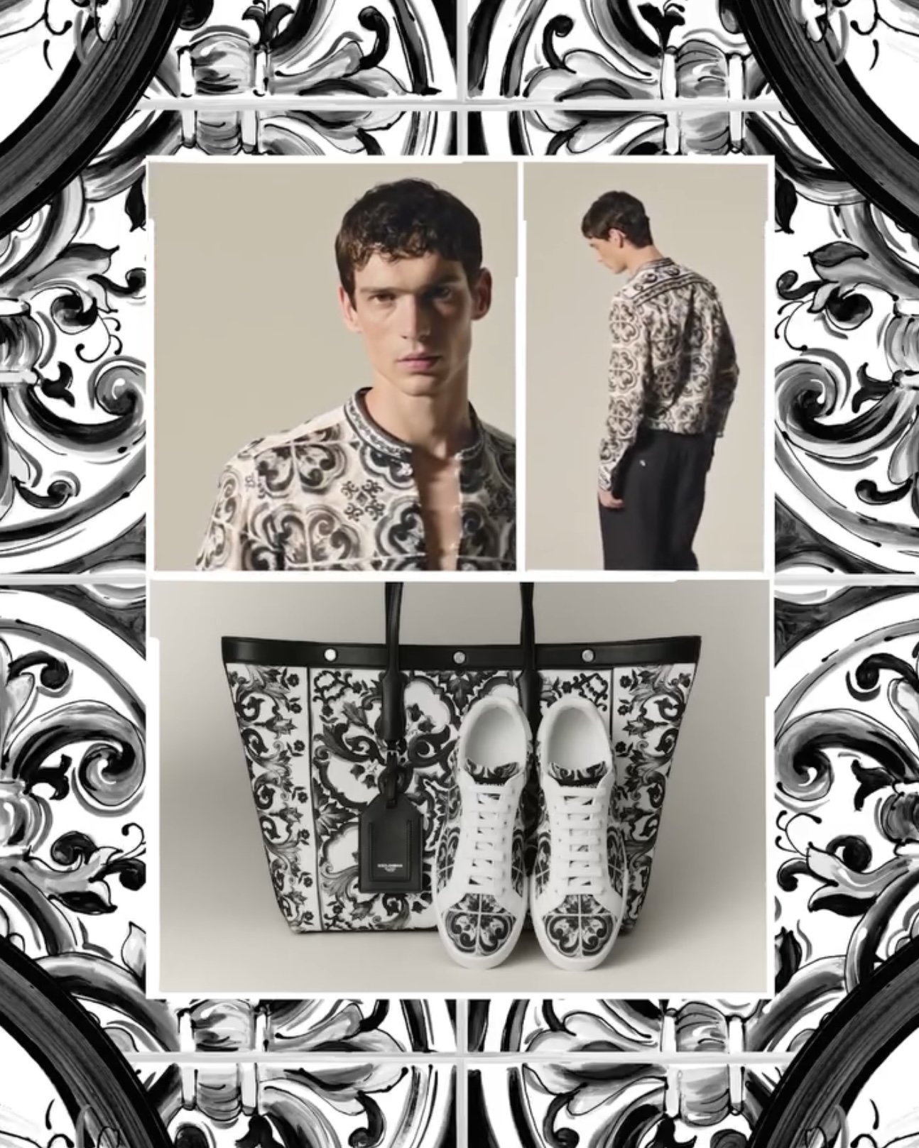 Models presenting the Dolce & Gabbana Majolica Nera collection featuring black and white ceramic-inspired prints.