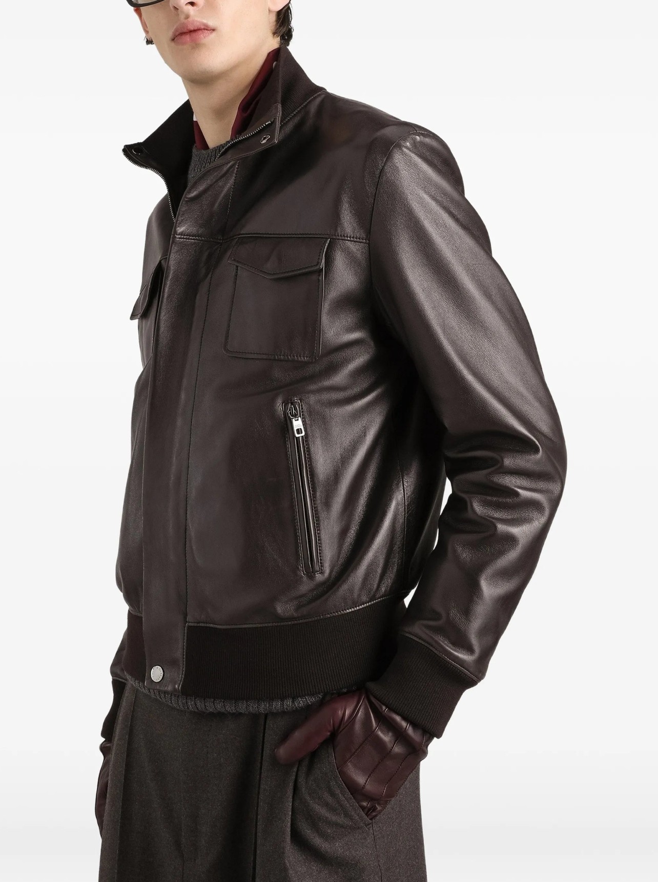 A luxury men's lambskin leather bomber jacket from Dolce & Gabbana.