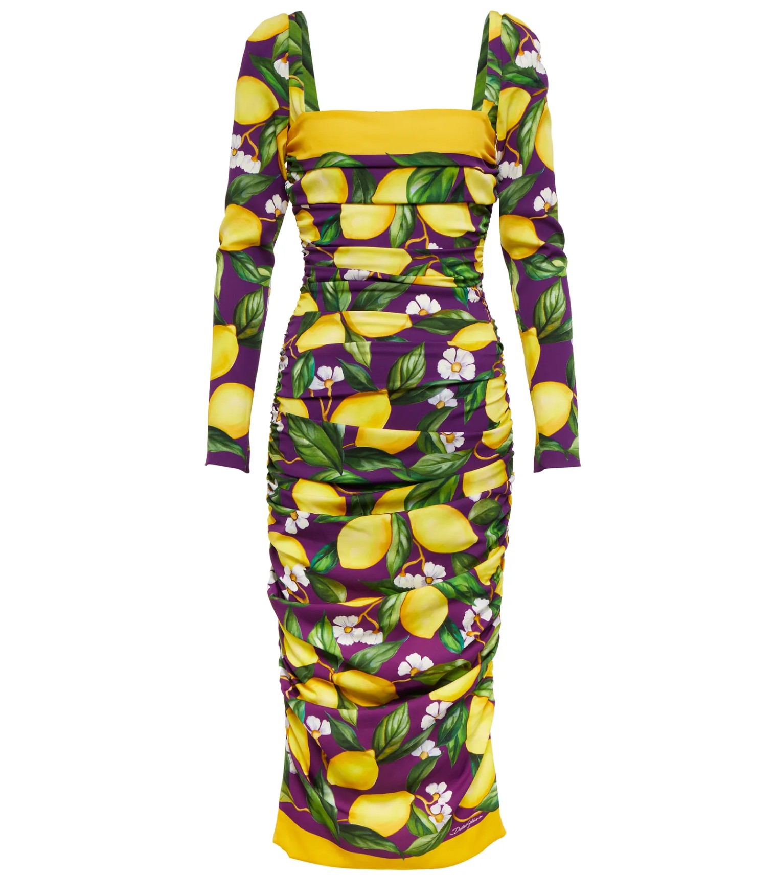 A fluid silk charmeuse calf-length dress in an exclusive Dolce & Gabbana yellow lemon print.
