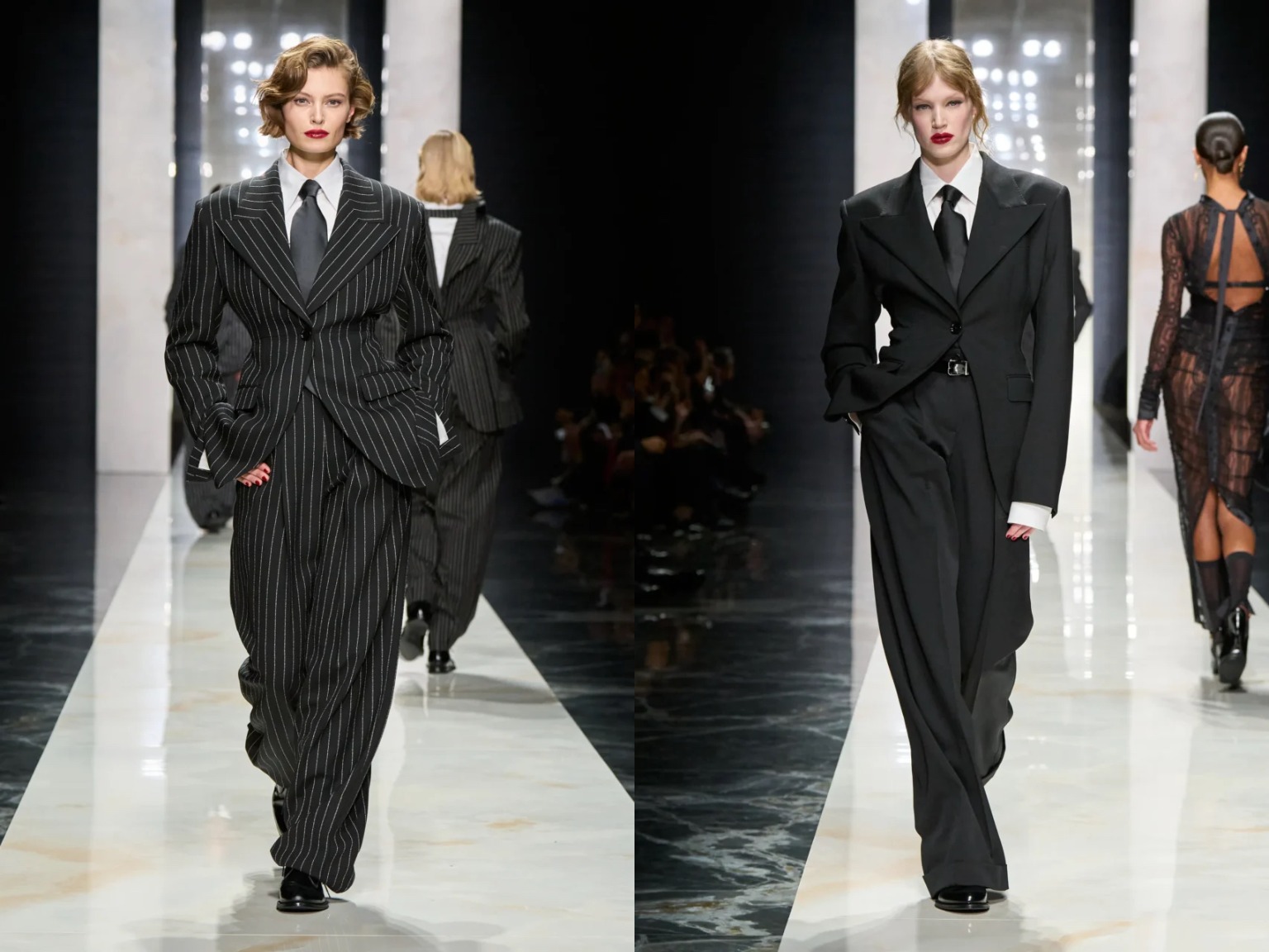 A close-up of sharp, traditional Sicilian men's tailoring featuring strong shoulders and a defined waist from a Dolce & Gabbana collection.